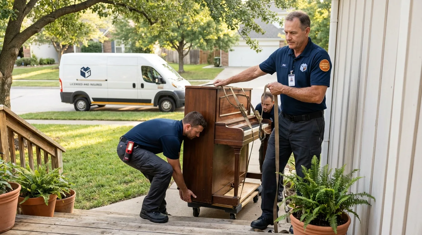 Licensed piano movers securing grand piano in Weeping Water, NE