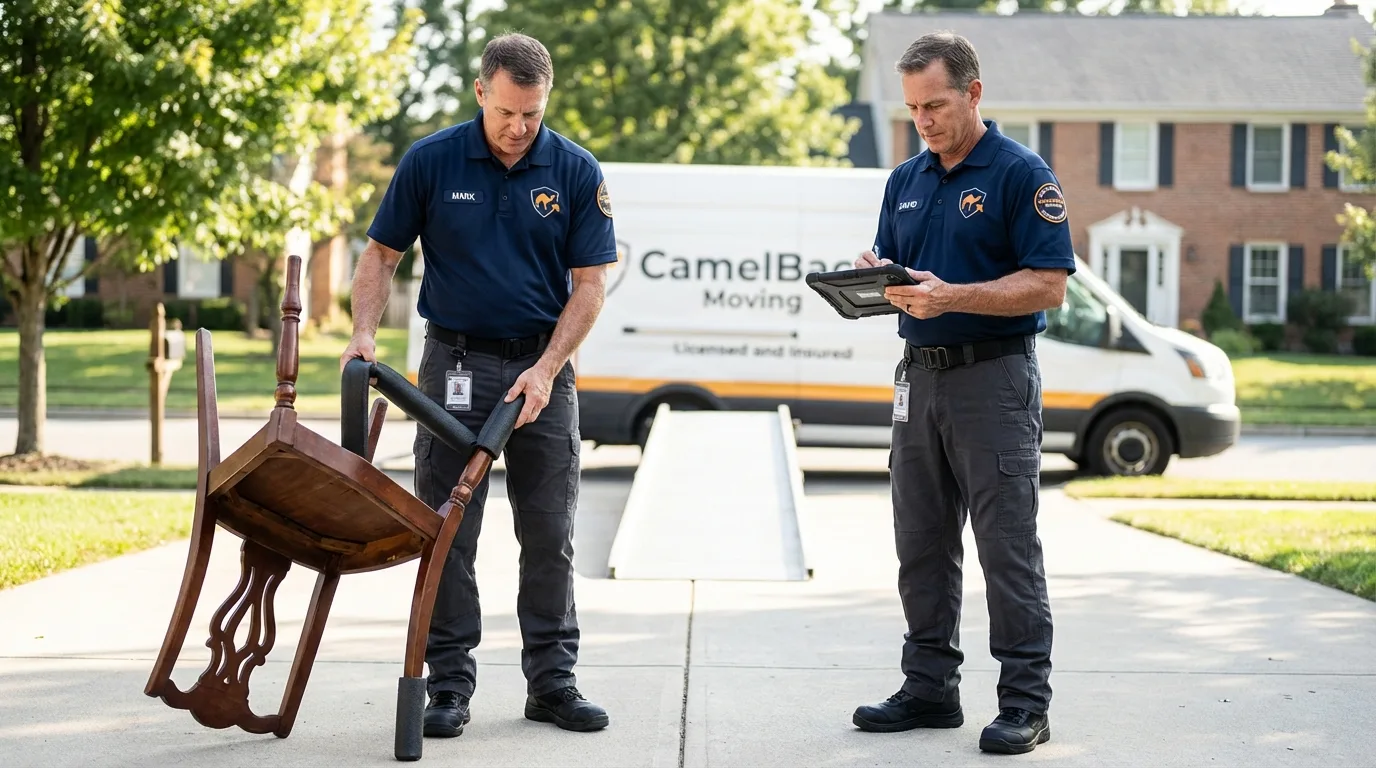 Movers inspecting furniture for damage prevention before loading in Weeping Water, NE